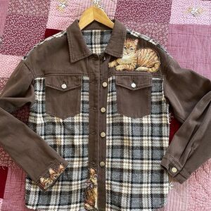 Brown Plaid Jacket with Cat Design